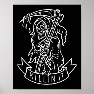 Killin It, Grappig Grim Reaper Verontruste Tattoo Poster