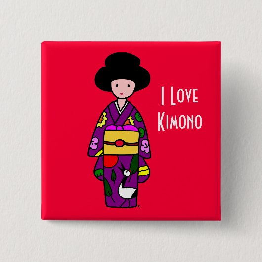 Kimono Girl Paarse Cartoon Vierkante Button 5,1 Cm (Voorkant)