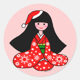 Kimono Meisje Kerstmis Cartoon Illustratie Ronde Sticker