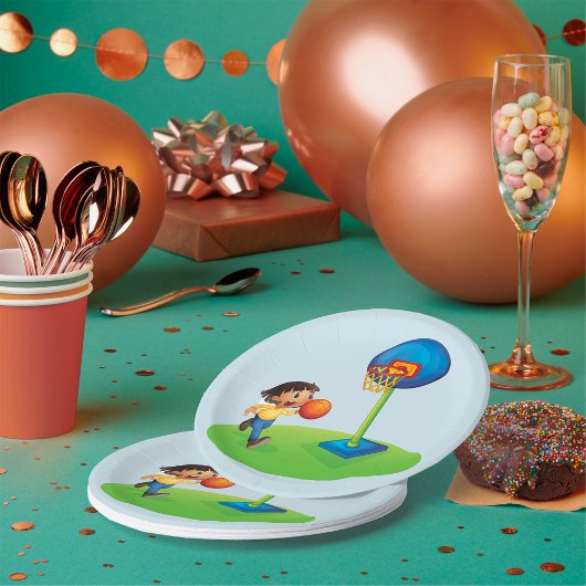 Kind Basketbal spelen met Hoop Fun Sports Papieren Bordje