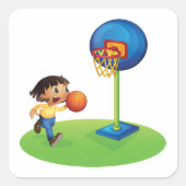 Kind Basketbal spelen met Hoop Fun Sports Vierkante Sticker (Voorkant)