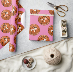 Kind Birthday, Basketball, naam & leeftijd, roze Cadeaupapier