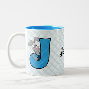 Kind Blue Jackrabbit Monogram Letter J met naam Tweekleurige Koffiemok
