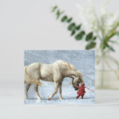 Kind dat een paard in de sneeuw leidt briefkaart (Staand voorkant)