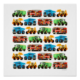 Kind Dumper Truck Firetruck Tractor Art Perfect Poster