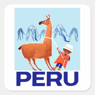  kind en Llama Peru Reizen Poster Vierkante Sticker