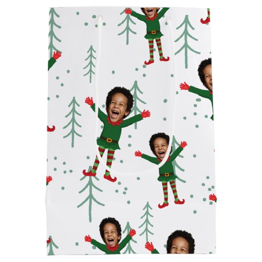 Kind Gezicht & Naam Elf Kerst Grappig Patroon Medium Cadeauzakje (Achterkant)