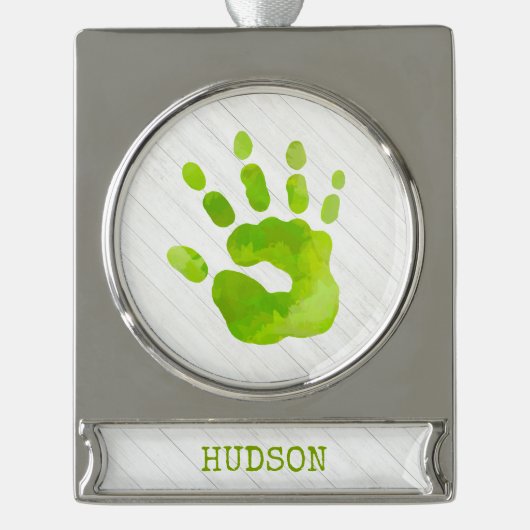 Kind Handafdruk Groene NAAM Hout Elegant Verzilverd Banner Ornament (Voorkant)