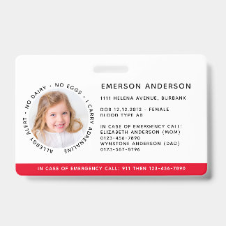 Kind identificatie allergie alert nood ID Badge