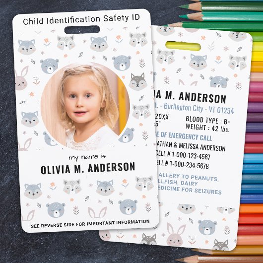 Kind identificatie Noodsituatie Leuke dieren Foto Badge