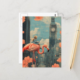 Kind in een blauwe jurk rijdt op een roze flamingo briefkaart