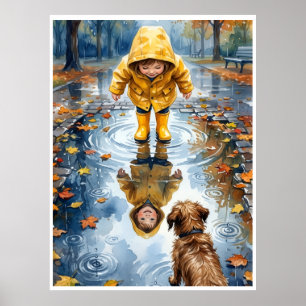 Kind in gele regenjas plas met hond fleece deken poster