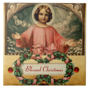 KIND JESUS MET ANGELS EN CHRISTMAS CROWNEN TEGELTJE