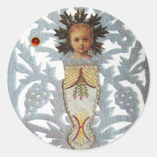 Kind Jezus, Antiek kerstpapier met ruby Ronde Sticker
