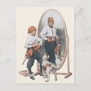 Kind, Jongen Pirate, Dog, Mirror, Buccaneer Briefkaart