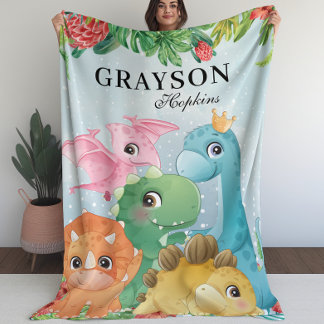 Kind met dinosaurussen + tropische bladeren fleece deken