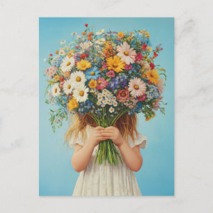 Kind met een weelderig wildflower boeket briefkaart