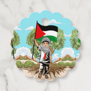 Kind met Keffiyeh Palestina Vlag en Olijfboom Bedankjes Labels