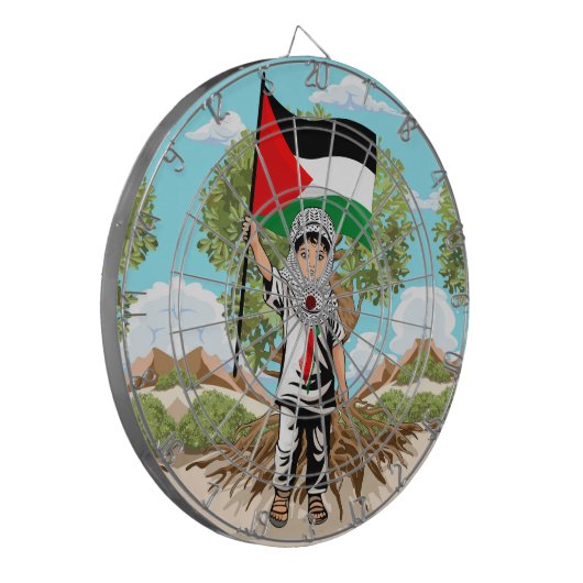 Kind met Keffiyeh Palestina Vlag en Olijfboom Dartbord (Voorkant Links)