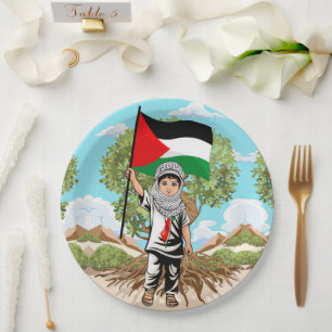 Kind met Keffiyeh Palestina Vlag en Olijfboom Papieren Bordje