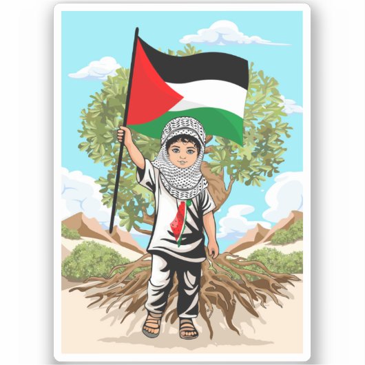 Kind met Keffiyeh Palestina Vlag en Olijfboom Sticker (Voorkant)
