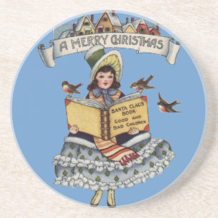 kind met kerstboek zandsteen onderzetter