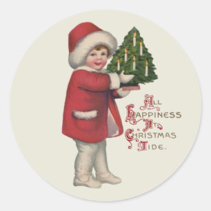 Kind met Kerstboom Illustratie Kunst Ronde Sticker
