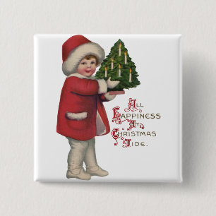 Kind met Kerstboom Vintage Illustratie Kunst Vierkante Button 5,1 Cm