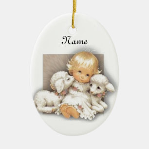 Kind met lammeren keramisch ornament