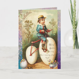 KIND MET PAAS-EI, FIETS EN KLEURRIJKE BLOEMEN FEESTDAGEN KAART