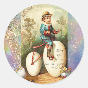 KIND MET PAAS-EI, FIETS EN KLEURRIJKE BLOEMEN RONDE STICKER