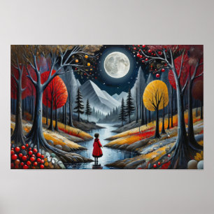 Kind met rode jas verkent fantasievol bos 's nacht poster