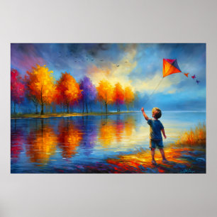 Kind met vlieger bij herfstrivier poster