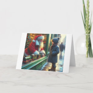 Kind ontmoet Kerstman door het raam,  Feestdagen Kaart