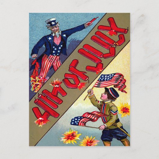 Kind Oom Sam Amerikaanse Vlag Vuurwerk Briefkaart (Voorkant)