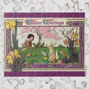 kind op een paaseihunt met dieren legpuzzel