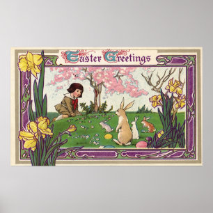  kind op een paaseihunt met dieren poster