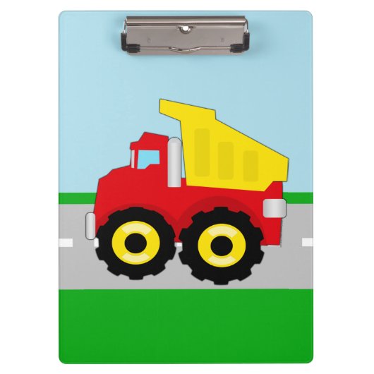 Kind Red/Yellow Dump Truck on Road Klembord (Voorkant)