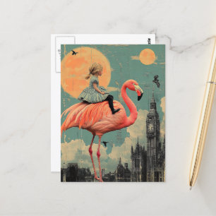 Kind rijdt op een roze flamingo briefkaart
