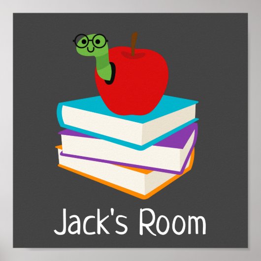 Kind Room name poster met boekworm (Voorkant)