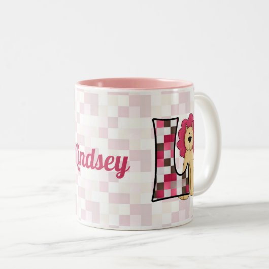 Kind roze leeuwenkonogram letter L Tweekleurige Koffiemok (Voorkant rechts)