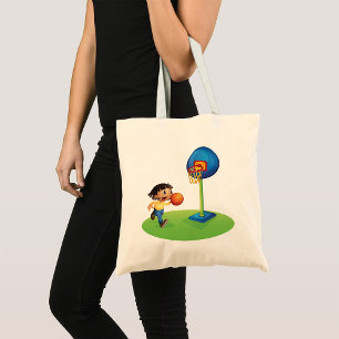 Kind speelt basketbal met basketplezier sport tote bag