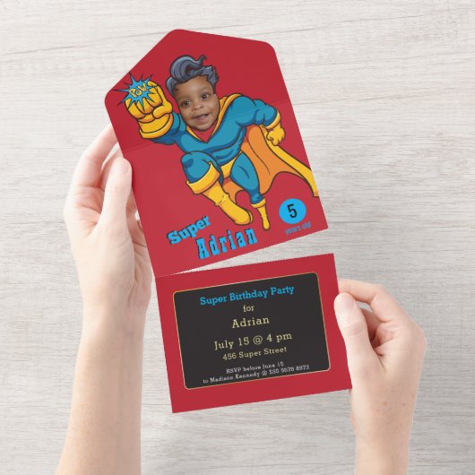 Kind superheld Amazing All in One Uitnodiging (Afscheurbaar)