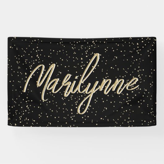 Kind Verjaardag Black Gold Glitter Naam Spandoek (Horizontaal)