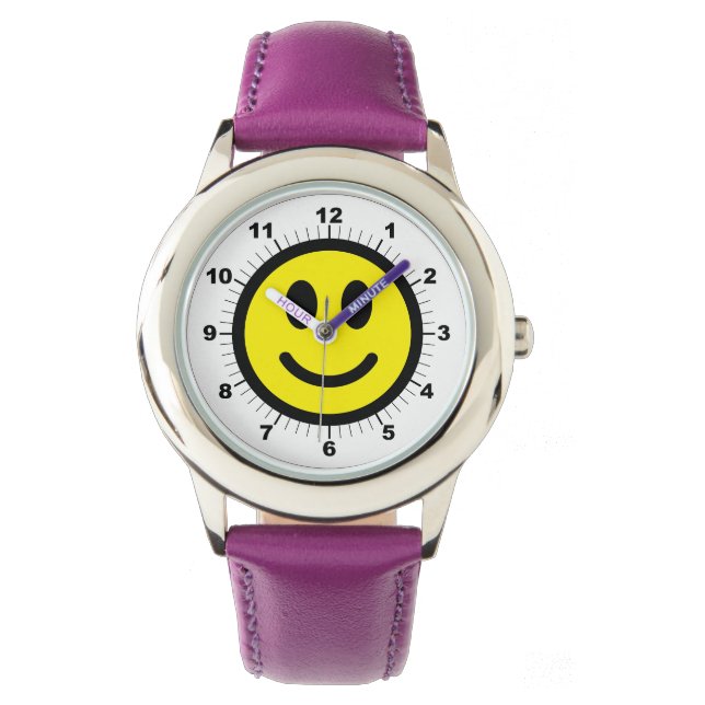 Kind verstelbare Happy Face Paarse Ribb Horloge (Voorkant)