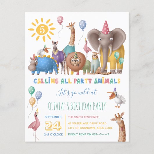 Kind Wild Party Animal Safari Birthday Uitnodiging (Voorkant)