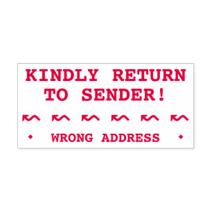 "KINDELIJK TERUG NAAR VERZENDING!", "KORTE ADRES" ZELFINKTENDE STEMPEL
