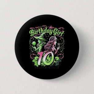Kinder 10e verjaardag heks roze en groen 10 jaar o ronde button 5,7 cm