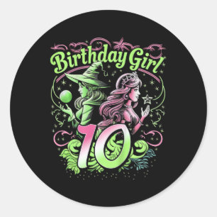 Kinder 10e verjaardag heks roze en groen 10 jaar o ronde sticker