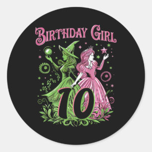 Kinder 10e verjaardag heks roze en groen 10 jaar o ronde sticker